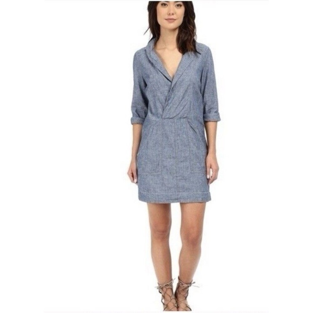 Free People “Done Up In Denim” Sz Small Blue Mini Dress Deep V Shawl Collar Boho